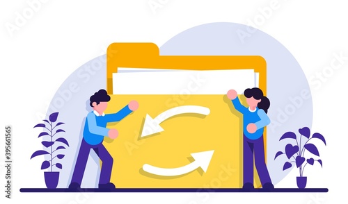 Date or job sharing concept. Delegating duties and responsibilities to colleagues. Job sharing, alternative work schedule, collaborative employment, division of a job. Modern flat illustration.