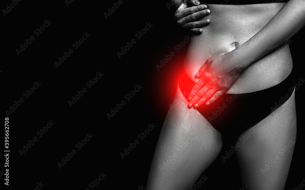 Naklejka premium Woman touching stomach painful suffering from stomachache causes of menstruation period, gastric ulcer, appendicitis or gastrointestinal system disease. 