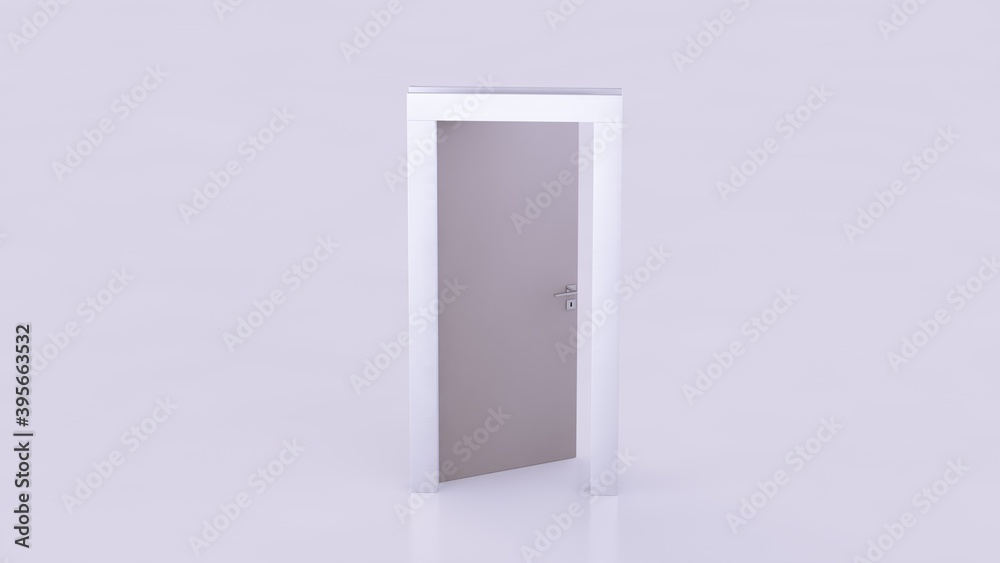 3D render. Half-open door in empty white studio room. 3D render. Half-open door in empty white studio room.