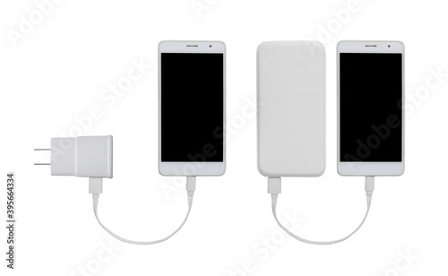 Smartphone charging with adapter power plug and Smartphone charging with power bank isolated on white background with clipping path included.