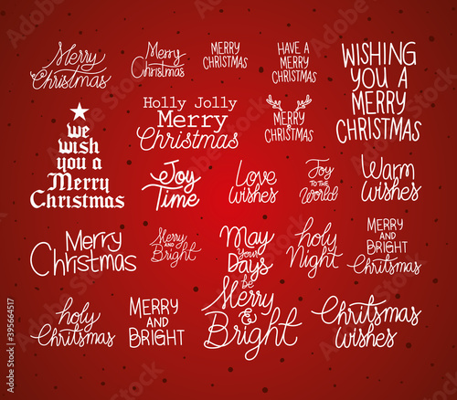 set of christmas lettering on dark red background