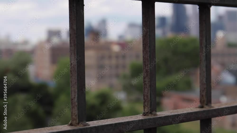 Chicago Skyline in Background of Metal Fence Chicago Skyline in Background of Metal Fence