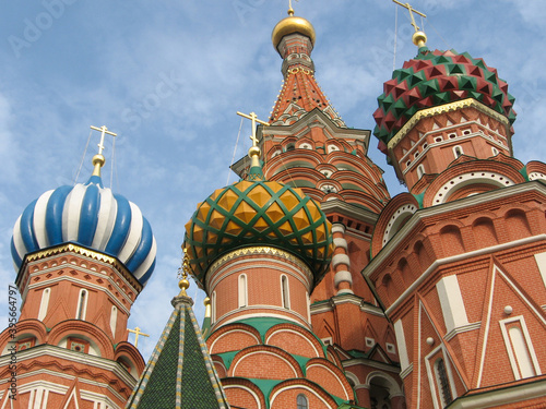 Close-up of several of the domes of Saint Basil's Cathedral in Red Square, Moscow
