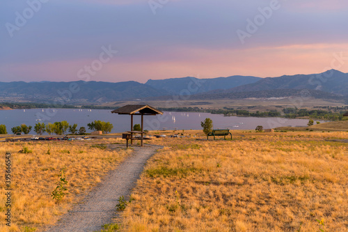 Sunset Summer Park - A Summer sunset view of a quiet picnic area at top of Chatfield Dam, Chatfield State Park, Denver-Littleton, Colorado, USA. photo