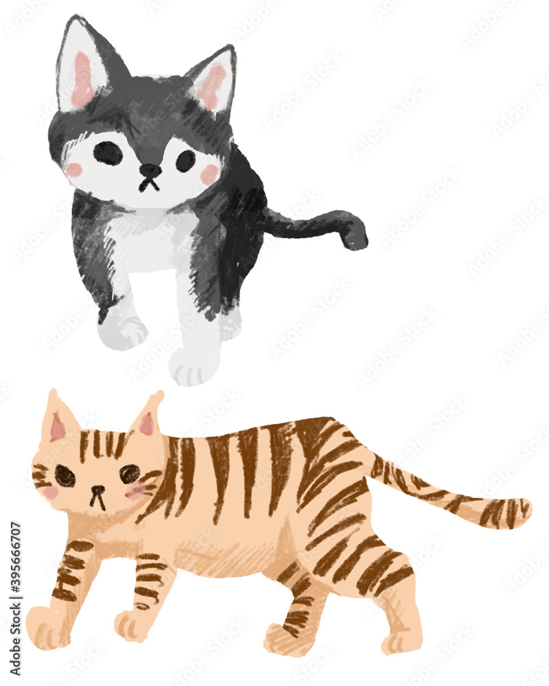縞模様の猫と白黒の猫の手描きイラスト Stock Illustration Adobe Stock
