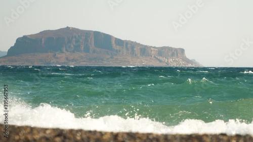 Greek island Monemvasia from the beach, Greece Peloponnese Lakonia. photo