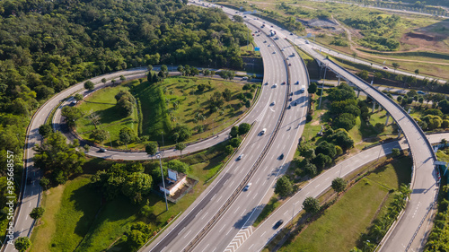 Aerial view of elevated higway with multiple exit and junctions on an urban city area photo