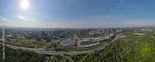 Aerial view of elevated higway with multiple exit and junctions on an urban city area