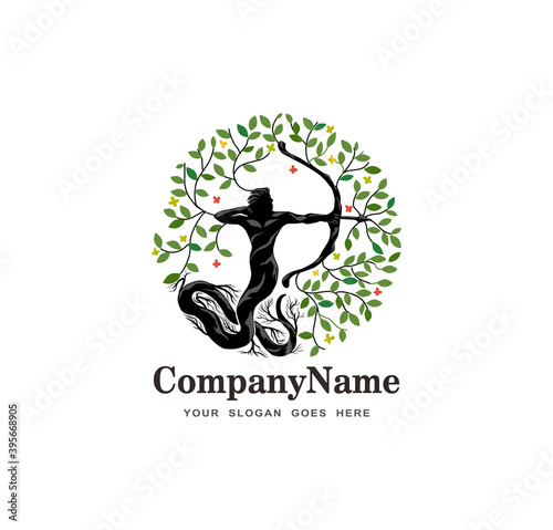 archer and tree logo design, mythology archer knights as snake man vector.