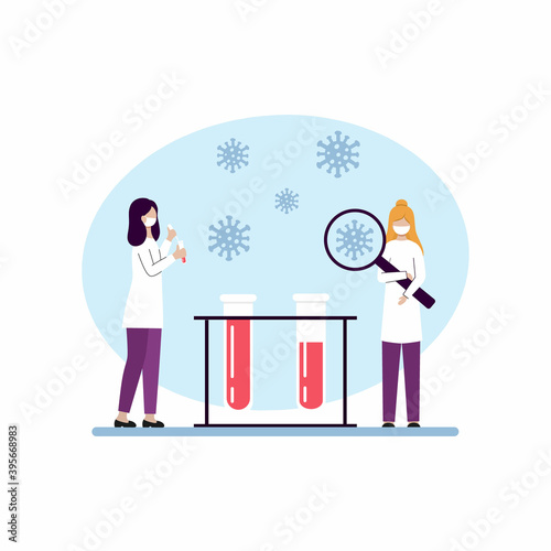 A female doctor does a blood test. The concept and topic of research with the coronavirus Vector character in a flat style.