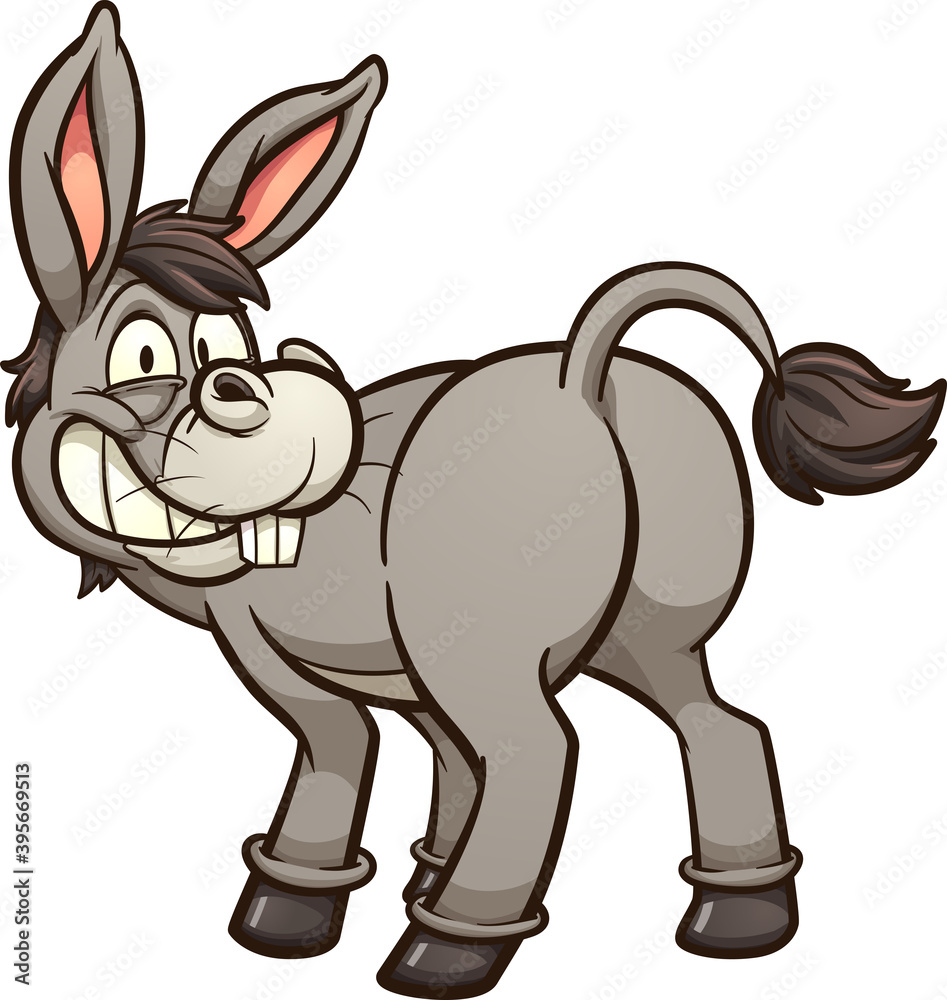 Fototapeta premium Cartoon donkey looking back and smiling. Vector clip art illustration with simple gradients. All on a single layer. 