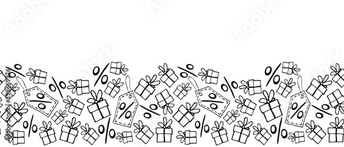 Vector poster, background, seamless pattern on theme of black Friday, shopping, discounts and sales. Border made from hand drawn outline gifts, percents, price tags in doodle style