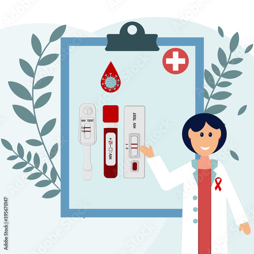 Female doctor talks about HIV infection and gives advice, color vector illustration in flat style, banner, clipart, design, decoration, advertising
