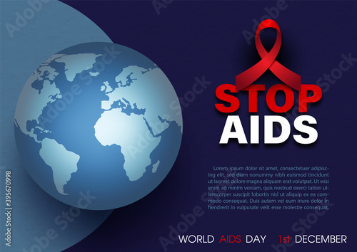 Closeup blue global in 3d style with red ribbon, slogan wording and example texts, the day and name of events on dark blue background. World AIDS day poster campaign in vector design.