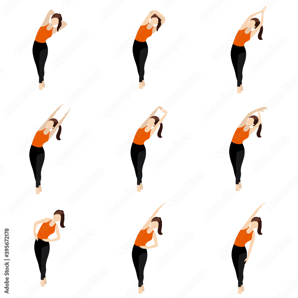Standing cross legged side lean yoga asanas set / Illustration stylized woman practicing side stretch, legs crossed