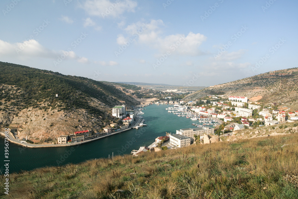 View of the city of Balaklava and the Black Sea coast, Crimea.