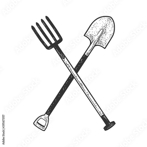 Fotografia, Obraz Crossed farm pitchfork and shovel sketch engraving vector illustration