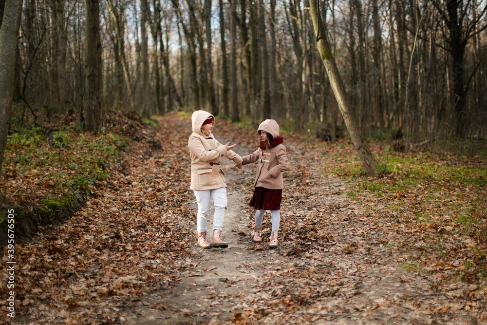 Fototapeta premium Caucasian children sisters walk together in the park in the forest, girlfriends children hold hands and hug for a walk, girly secrets, autumn walks in warm coats