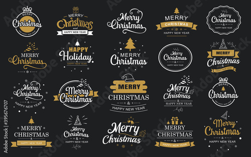 Merry christmas and happy new year typography label with symbols design set. Use for sticker, badge, crafts, greeting card.