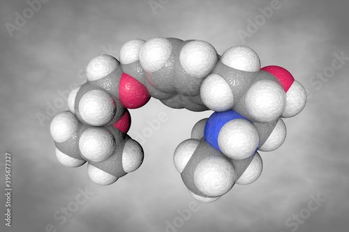 Molecular model of bisoprolol. Atoms are represented as spheres with color coding: carbon (grey), nitrogen (blue), oxygen (red), hydrogen (white). Scientific background. 3d illustration photo