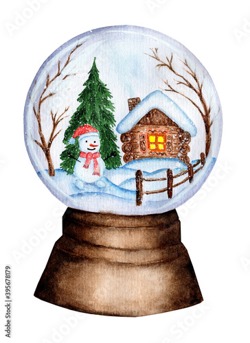Christmas winter watercolor snow globe with hut and fence, snowman, spruce and trees. Glass ball on stand with winter landscape isolated on white background. Drawn by hand.