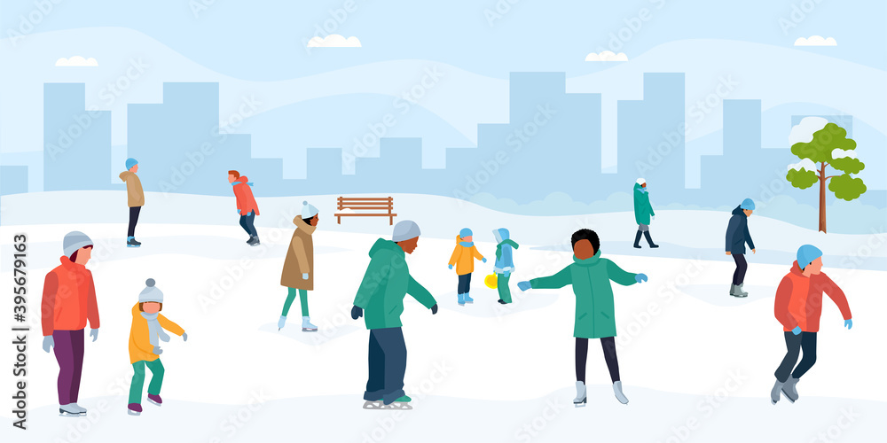 Ice skaters having fun in park. Crowd of people at the rink. Vector flat cartoon illustration 