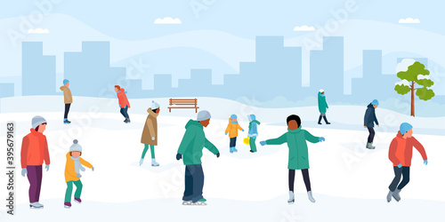 Ice skaters having fun in park. Crowd of people at the rink. Vector flat cartoon illustration 