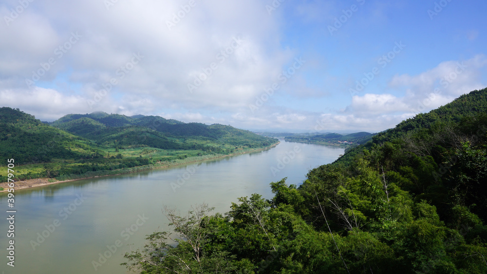 Green Mountain range and Khlong river at the border of Laos from the view point of Chaing Kkhan skywalk