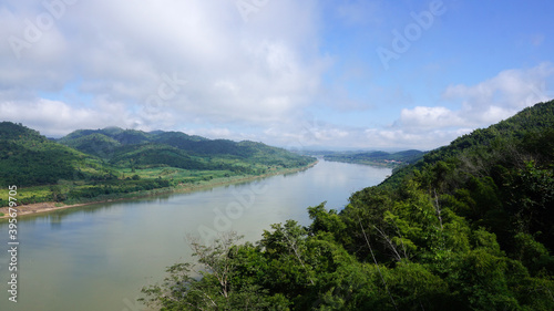 Green Mountain range and Khlong river at the border of Laos from the view point of Chaing Kkhan skywalk