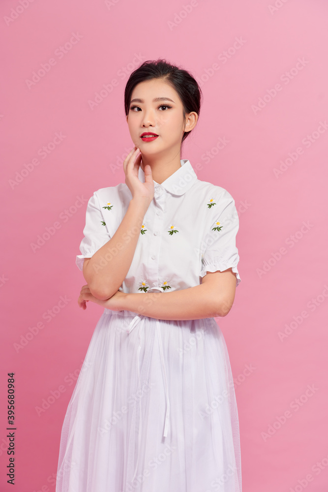 Portrait of lovely and cheerful girl posing enjoying isolated over pink background Portrait of lovely and cheerful girl posing enjoying isolated over pink background