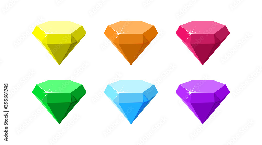 Hexagon colorful gemstones. Ruby, emerald, amethyst, diamond and quartz side view. Cartoon vector illustration Hexagon colorful gemstones. Ruby, emerald, amethyst, diamond and quartz side view. Cartoon vector illustration