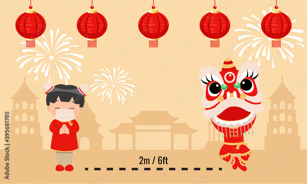Fototapeta premium Cute girl in traditional Chinese clothes and lion dance keep social distancing in pandemic situation. Wear a mask for Lunar new year campaign. Flat vector illustration