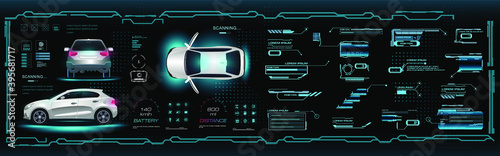 Car user interface HUD, GUI, UI. Virtual graphical interface with vehicle parameters and characteristics in HUD style. Realistic car in three projections with video game interface