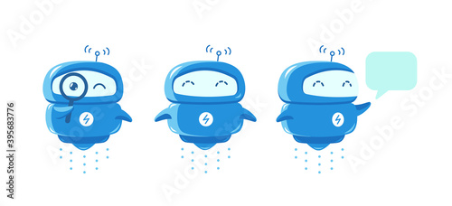 Robot service mascot. Support chatbot dialog message. Automatic search. Small blue flying smart character. Cartoon vector flat.