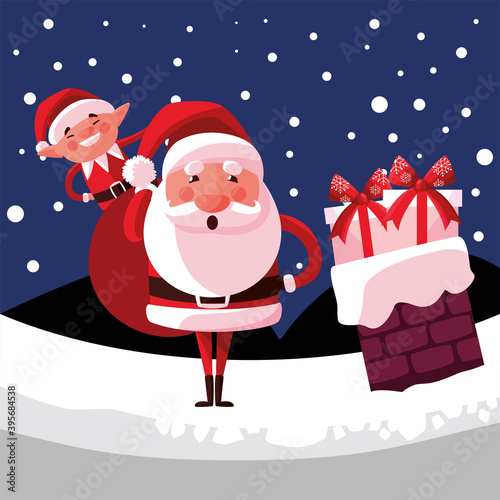 merry christmas santa helper and bag in the chimney with snow