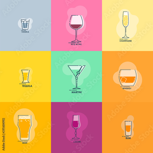 Shot vodka tequila whiskey rum. Wineglass red wine martini champagne beer liquor line art in flat style. Restaurant alcoholic illustration. Celebration design. Beverage outline icon. Isolated object