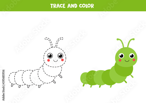 Trace and color cute caterpillar. Tracing lines.