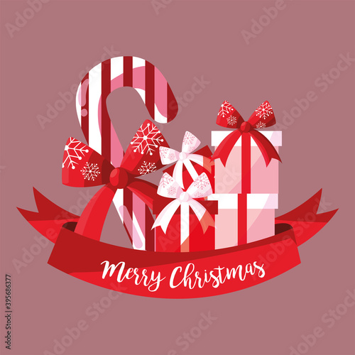 merry christmas candy cane with gifts and ribbon