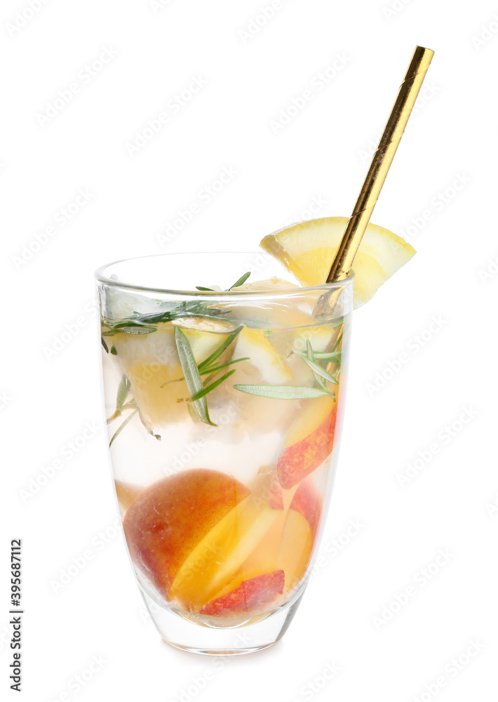 Glass of cold mojito with peach, citrus and mint on white background Glass of cold mojito with peach, citrus and mint on white background
