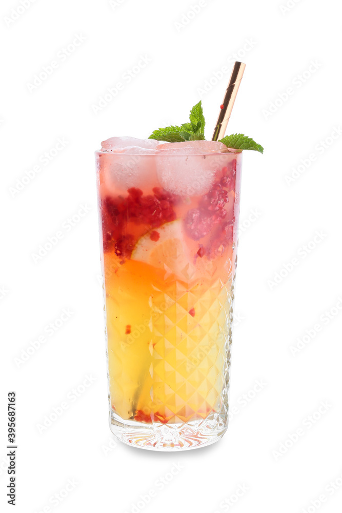 Glass of cold mojito with berries and fruits on white background Glass of cold mojito with berries and fruits on white background