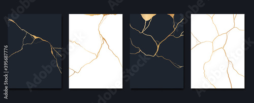 Gold kintsugi cover design vector. Luxury golden marble texture. Crack and broken ground pattern for wall arts, home decoration, print and wallpaper.
