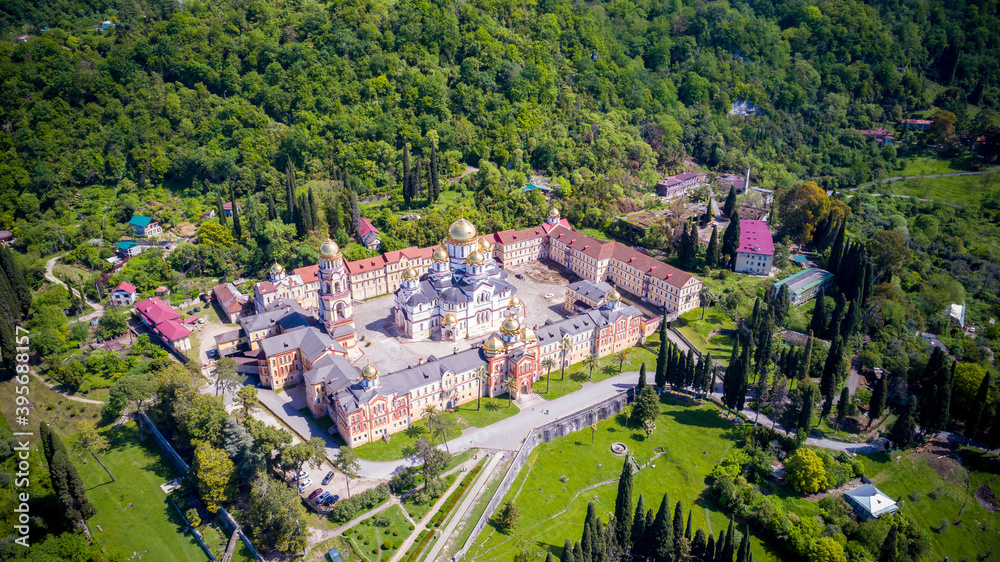 New Athos monastery at summer season aerial view.
