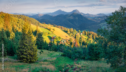 Landscape photography. Colorful summer view of mountain village. Adorable morning scene of Carpathian mountains, Snidavka village location, Ukraine. Traveling concept background.