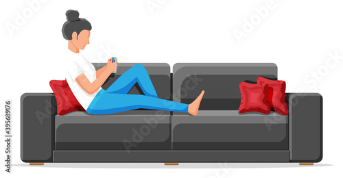 Young woman holding smartphone, lying on sofa. Female character using smart phone on couch. Casual girl chilling and browsing social media on mobile device. Cartoon flat vector illustration