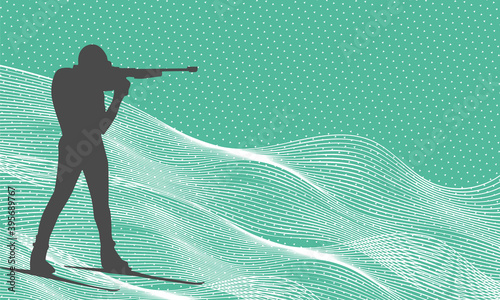  Shooting biathlete vector silhouette. Biathlonist with biathlone rifle background.Winter sports world championship illustration.