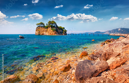 Attractive spring view of Cameo Island. Sunny morning scene of Port Sostis, Zakinthos island, Greece, Europe. Beauty of nature concept background.