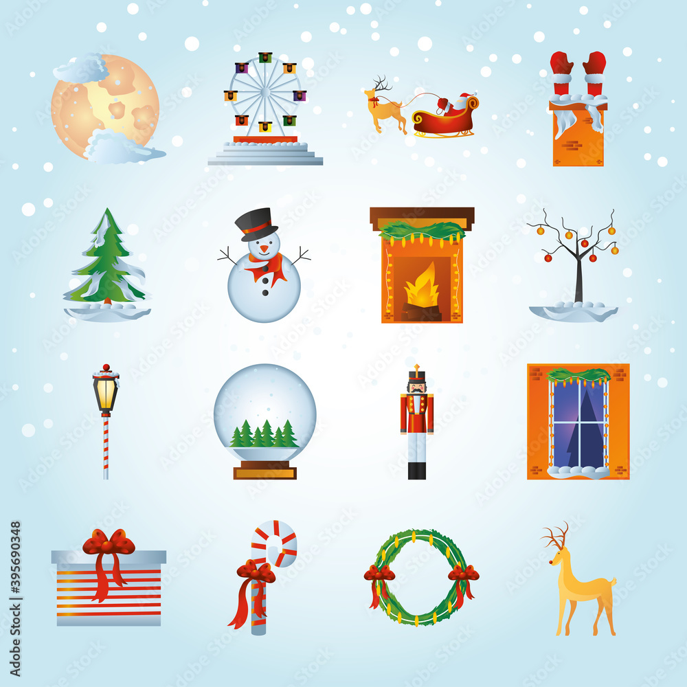 merry christmas icons set, santa reindeer wreath snowball gift and nutcracker