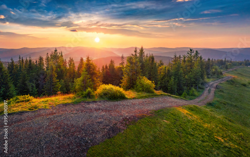 Magnificent summer sunrise on Yahidna mount. Spectacular summer view of Carpathian mountains, Ukraine, Europe. Beauty of nature concept background. Landscape photography..