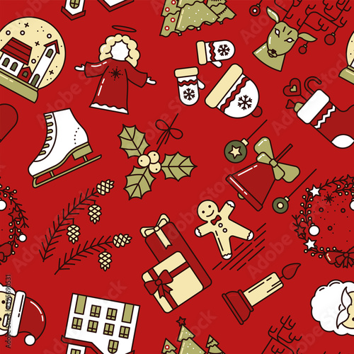 Merry Christmas and New Year Seamless Pattern with Christmas Toys, Bell, Snow Globe, Mistletoe, Santa Claus, Wreath, Snow House, Deer, Hat and Mittens. For Invitations, Design, Greeting card 