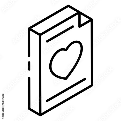 
Heart on paper, wishlist icon in glyph isometric design 
